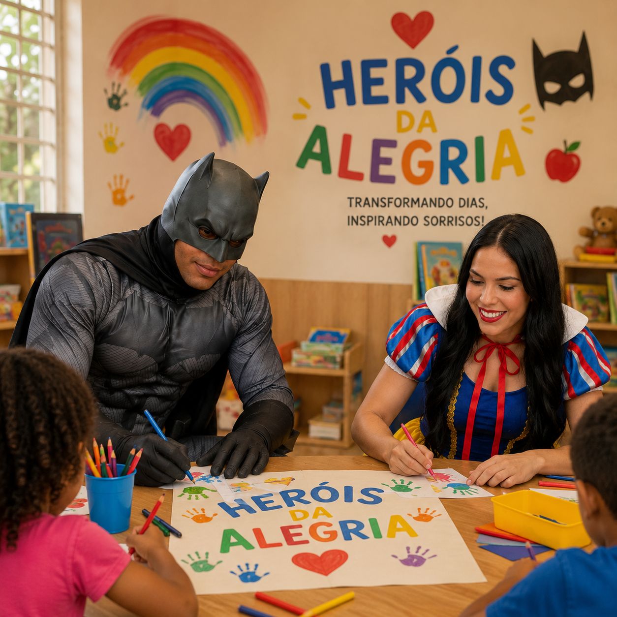 Rafael e Luana, idealizadores do projeto Heróis da Alegria, em atividade com crianças